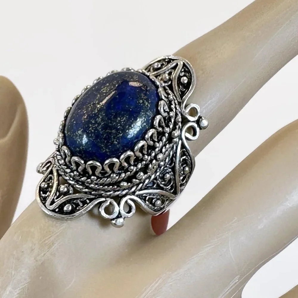 Vintage Lapis Ring, Sterling Silver:  Blue Lapis Lazuli, Turkey, Filagree